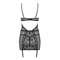 Пеньюар в сеточку Obsessive Basitta со шнуровкой, стринги в комплекте, черный, L/XL
