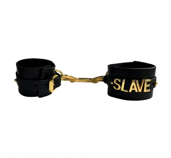 Наручники з написом Slave від UPKO з італійської шкіри, чорні із золотою фурнітурою