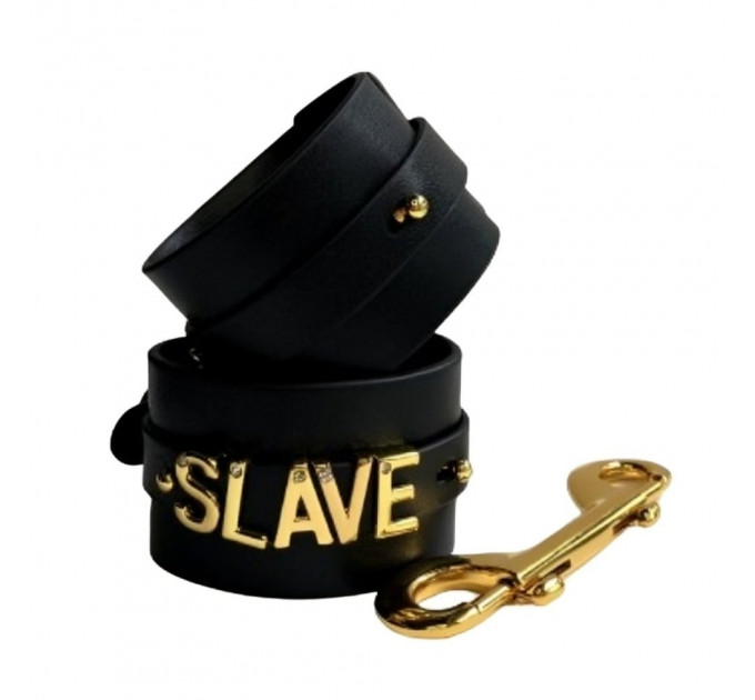 Наручники з написом Slave від UPKO з італійської шкіри, чорні із золотою фурнітурою