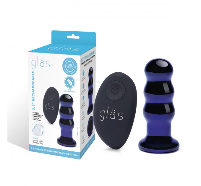 Анальная пробка из стекла с вибро GLAS на дистанционном управлении, синяя