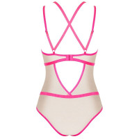Боди телесный Obsessive Nudelia с розовой отделкой, S/M