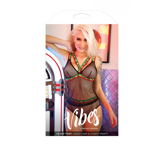 Еротичний комплект із трикотажної сітки з яскравими вставками Fantasy Lingerie чорний, L/XL