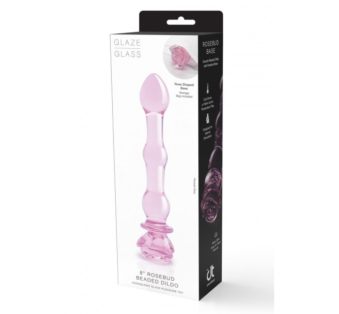 Стеклянный фаллоимитатор Dream Toys Glaze Glass в форме бутона розы с бусинами, розовый