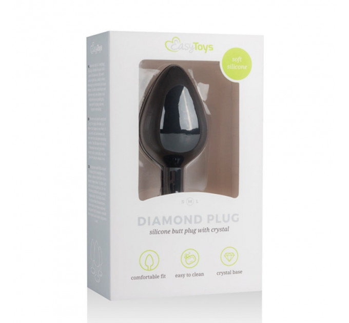 Анальная пробка с кристаллом Easytoys, силиконовая, чёрная, 8.5 х 3.3 см.