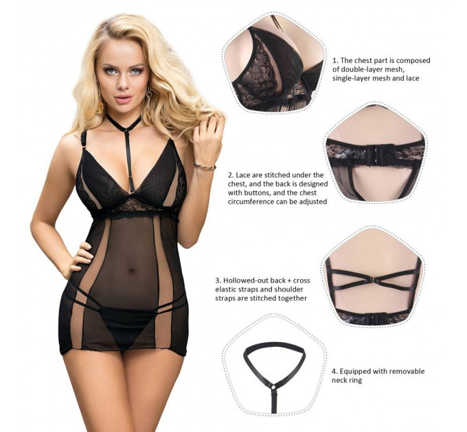 Пеньюар з трусиками Star Night на бретельках, чорний, XS-S