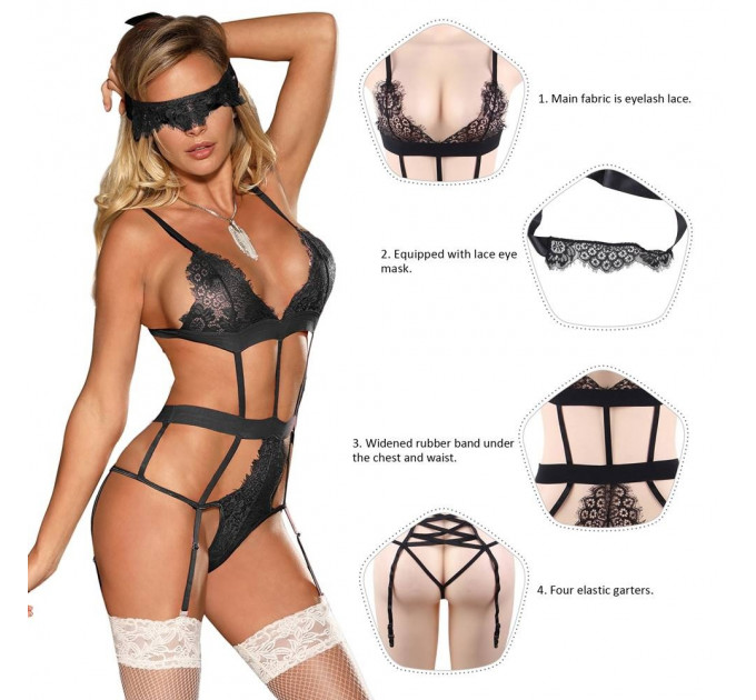 Боді мереживне відкрите Star Night з підтяжками та пов'язкою на очі, чорне, XS-S
