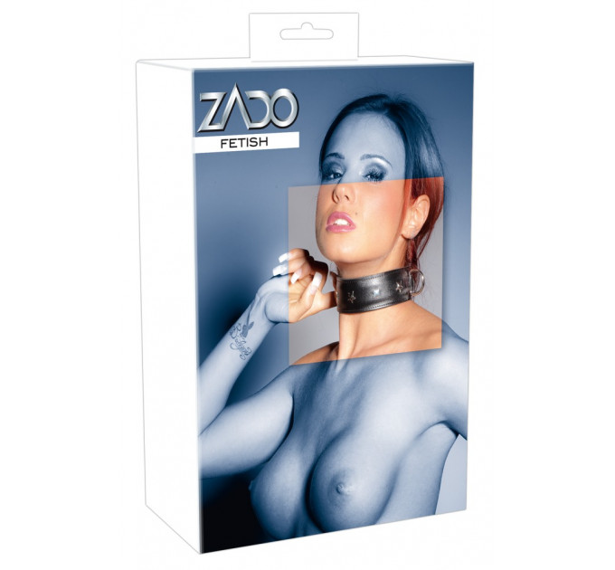 Ошейник широкий Zado FETISH из D-кольцами, кожаный, черный