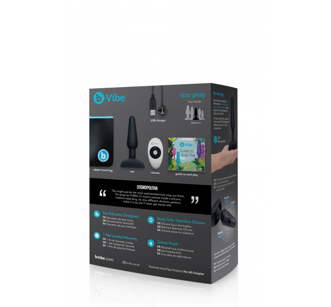 Анальная пробка с 3 моторами B-Vibe - Trio Remote Control Butt, черная