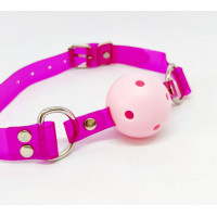 Кляп неоновий DS Fetish, малиновий ремінець з рожевою кулькою