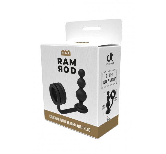 Кольцо для пениса Dream Toys Ramrod с анальной пробкой в форме шара, черное