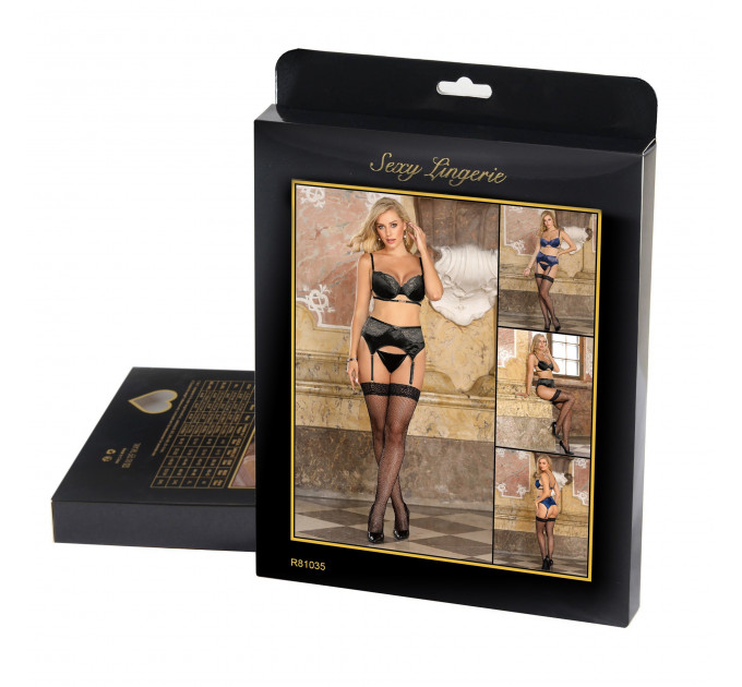 Комплект білизни мереживної Star Night з поясом для панчох, чорний, XS-S