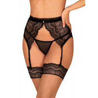 Пояс для панчіх мереживний Obsessive Isabellia, з бантиком, чорний, L/XL