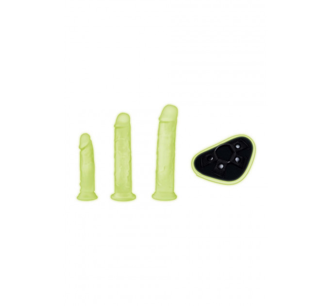 Страпон люминесцентный Whipsmart Glow in the Dark с 3 насадками, черный-белый