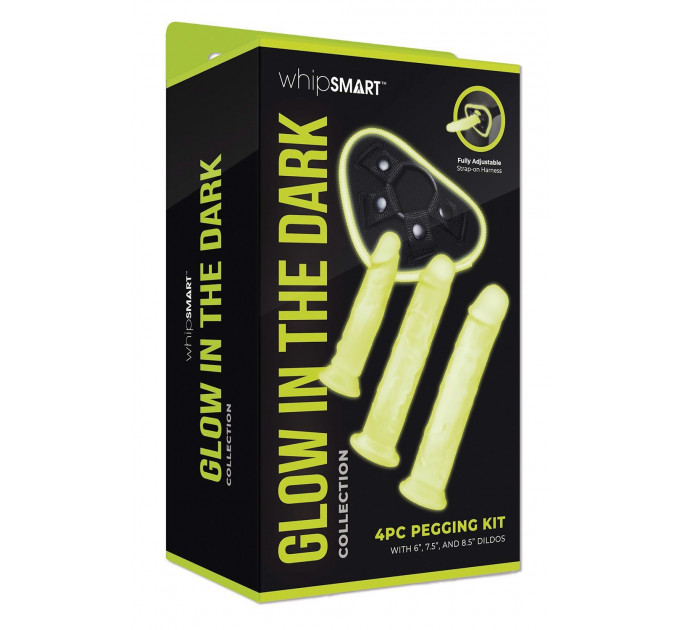 Страпон люминесцентный Whipsmart Glow in the Dark с 3 насадками, черный-белый