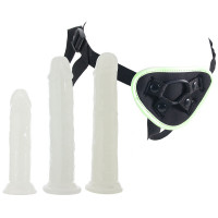 Страпон люминесцентный Whipsmart Glow in the Dark с 3 насадками, черный-белый
