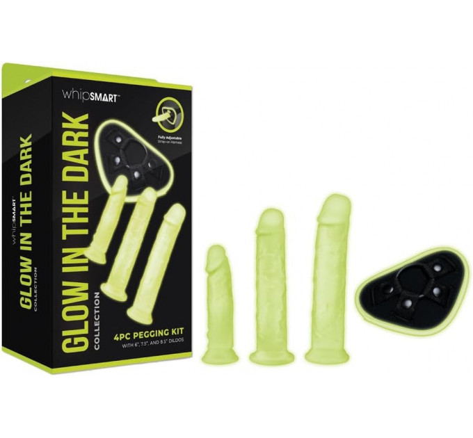 Страпон люминесцентный Whipsmart Glow in the Dark с 3 насадками, черный-белый