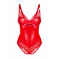 Боді вінілове з квітковим мереживом Obsessive Aliosa teddy червоне, S/M