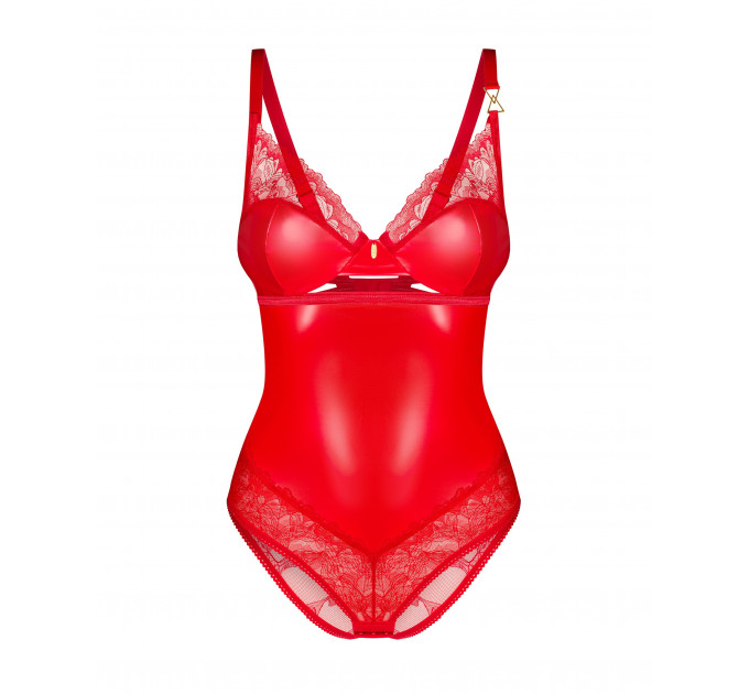 Боди виниловое с цветочным кружевом Obsessive Aliosa teddy красное, S/M