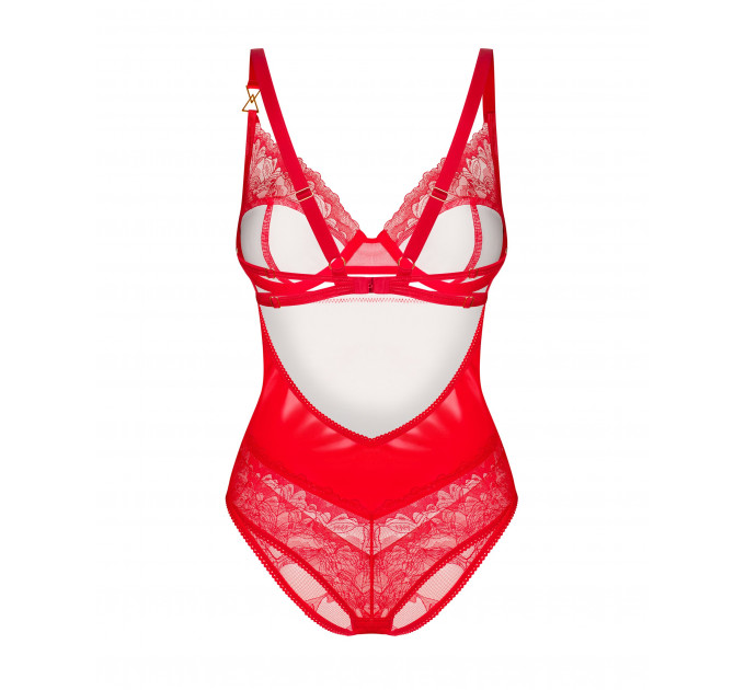 Боди виниловое с цветочным кружевом Obsessive Aliosa teddy красное, S/M