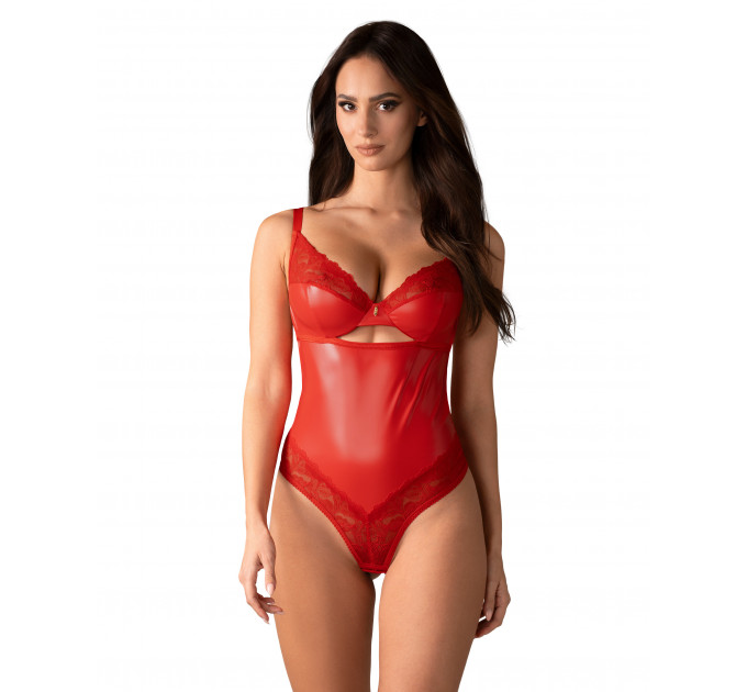 Боди виниловое с цветочным кружевом Obsessive Aliosa teddy красное, S/M