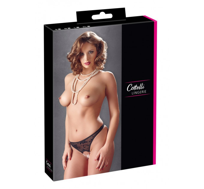Мереживні трусики Cottelli Collection з відкритим доступом і перлами, чорні, розмір S