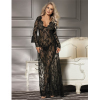 Пеньюар длинный кружевной Star Night и стринги, черный, XS/S