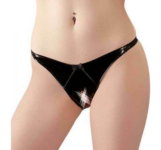 Трусики с интимным вырезом из винила Black Level черные, S/M
