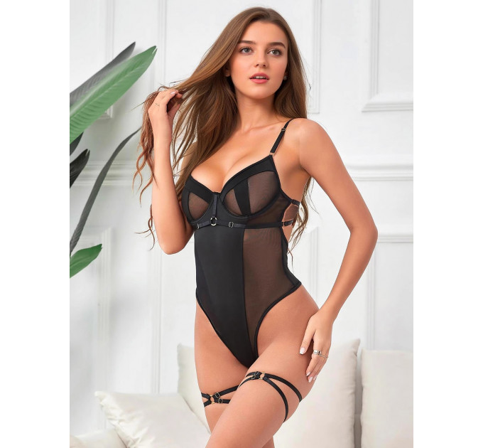 Боді з доступом Star Night з підтяжками, чорне, XS-S