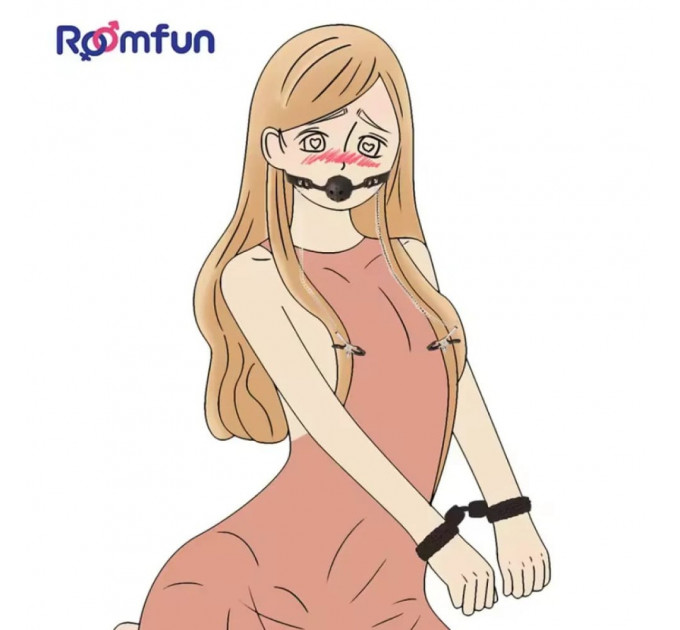 Кляп-кулька з отворами Roomfun із затискачами для сосків, чорний-червоний