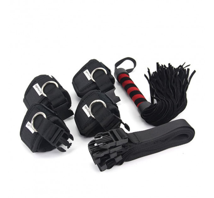 Набір БДСМ Roomfun Bedroom Bondage Kit фіксатори, батіг та маска, чорний-червоний