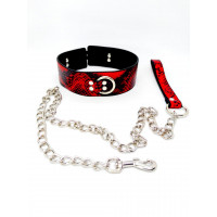 Нашийник з повідцем DS Fetish snake skin під шкіру змії червоний