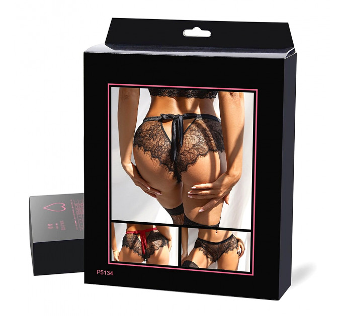 Мереживні трусики StarNight з вирізом ззаду та атласним бантом, чорні, XS-S