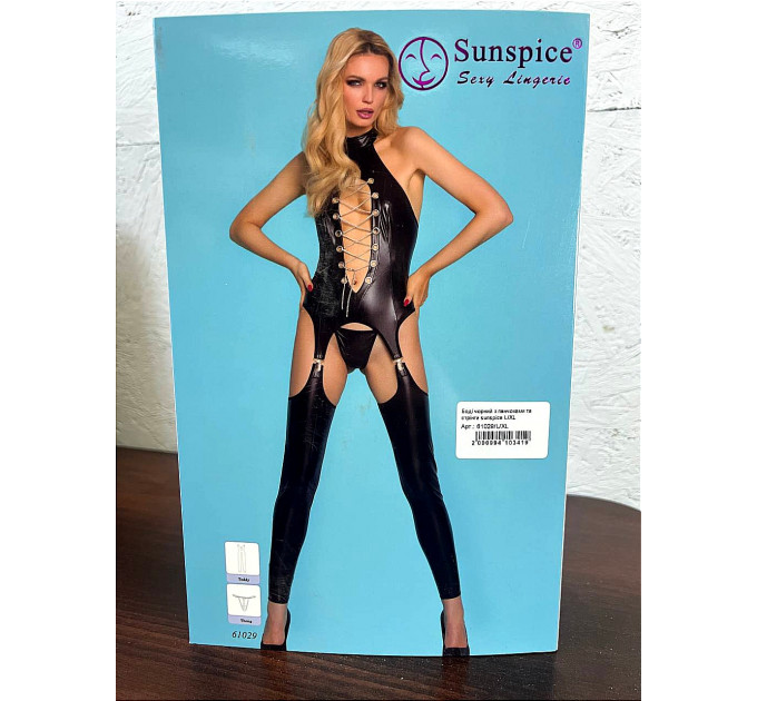 Комбинезон черный с чулками Sunspice и стринги в комплекте, L/XL