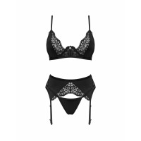 Комплект мереживної білизни з поясом для панчох Obsessive Bellastia чорний, XS/S