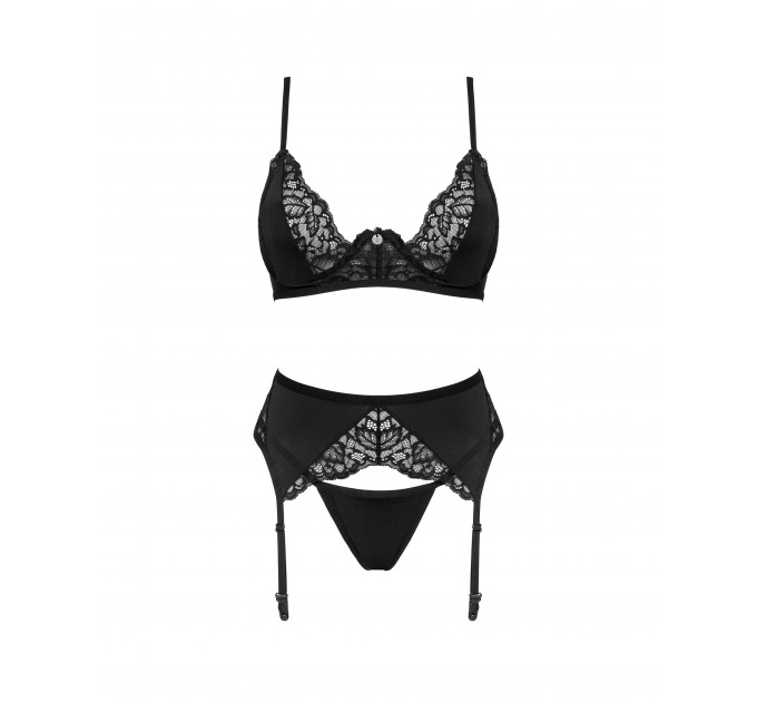 Комплект мереживної білизни з поясом для панчох Obsessive Bellastia чорний, XS/S