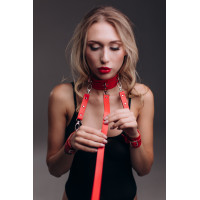 Нашийник з повідком та наручниками "Fet 22", екошкіра, ручна робота, червоні