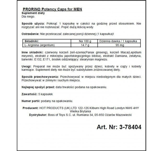Возбуждающие капсулы для мужчин ERO PRORINO black line Potency,(цена за 5 капсул в упаковке)