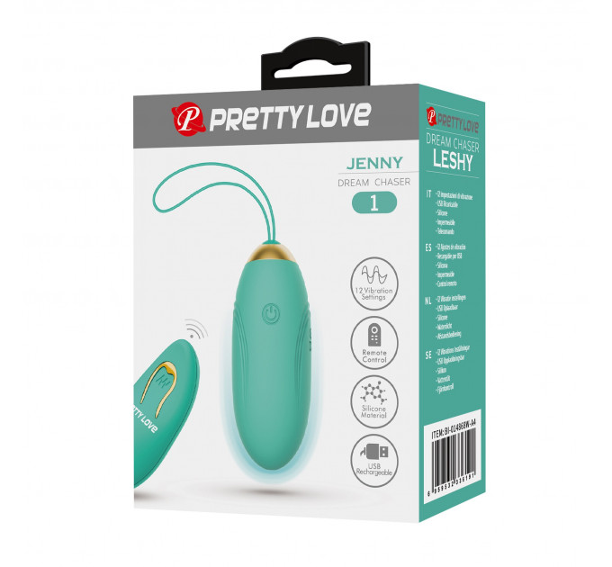 Виброяйцо Pretty Love JENNY с пультом, 12 режимов, бирюзовое, 7 х 2.8 см