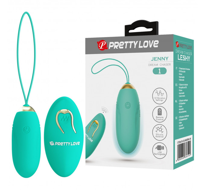 Виброяйцо Pretty Love JENNY с пультом, 12 режимов, бирюзовое, 7 х 2.8 см