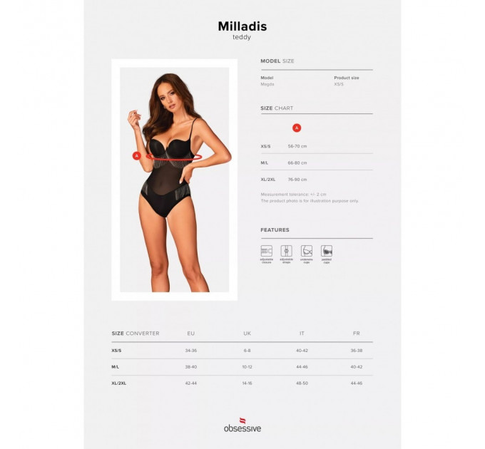 Боди Obsessive MILLADIS с серебрянными подвесками, черный, XS/S