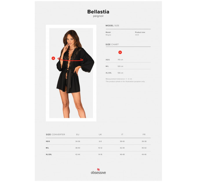 Халат з мереживом та довгими рукавами Obsessive Bellastia чорний, M/L