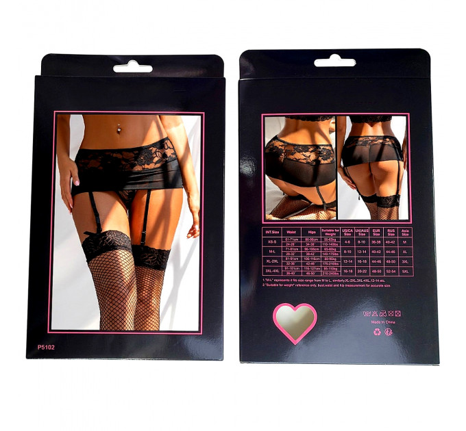 Комплект напівпрозорий пояс для панчіх StarNight з квітковим візерунком, чорний, XL/2XL