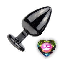 Анальная металлическая пробка черная Funny Steel с разноцветным камнем в форме сердца, S