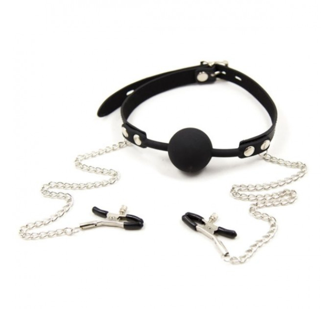 Кляп с зажимами на соски DS Fetish Locking gag with nipple clamps black