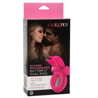 Эрекционное кольцо двойное с вибрацией CalExotics, со стимулятором клитора в виде бабочки, розовый