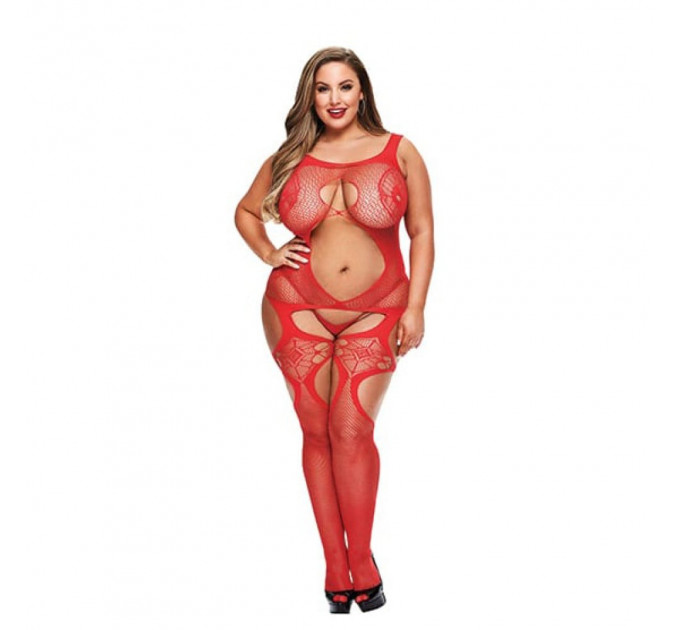 Комбинезон в мелкую сетку с узорами Lapdance Lingerie красный, Size Plus