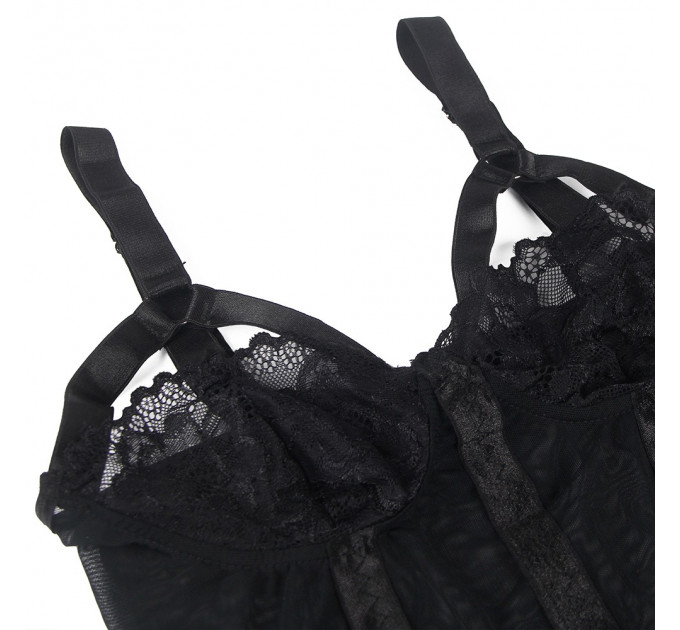 Мереживне боді Star Night з доступом та підтяжками, чорне, XS-S