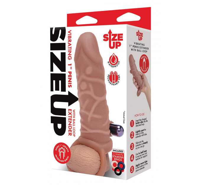 Насадка на пеніс з віброкулею та 3 кільцями Size-Up реалістична, 15 см