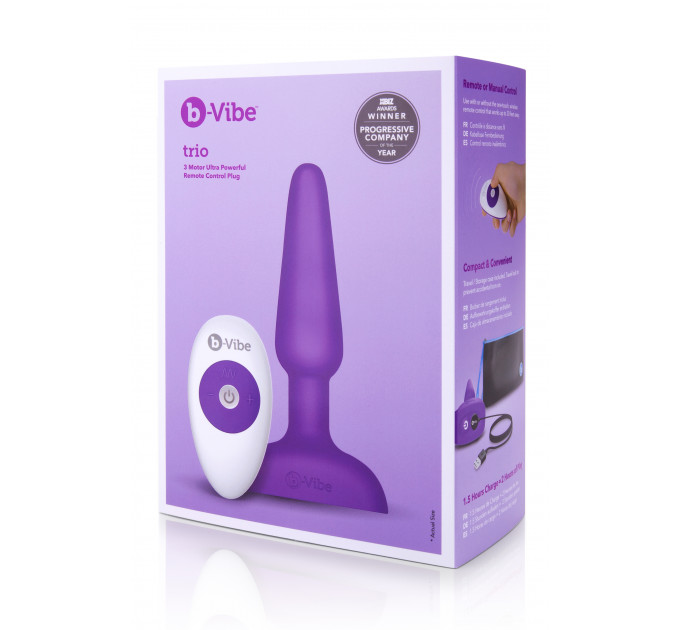 Анальная пробка с вибрацией и пультом, три мотора B-Vibe - Trio, фиолетовая