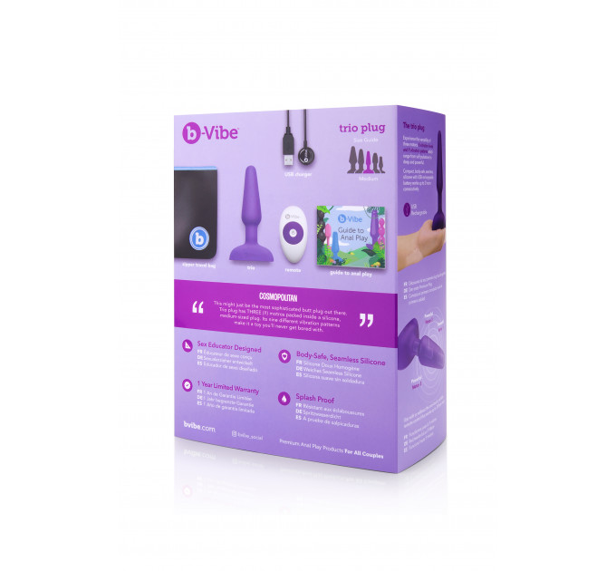 Анальная пробка с вибрацией и пультом, три мотора B-Vibe - Trio, фиолетовая